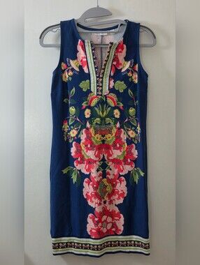 New York & Company Navy Dress with Pink & Green Floral Embroidery